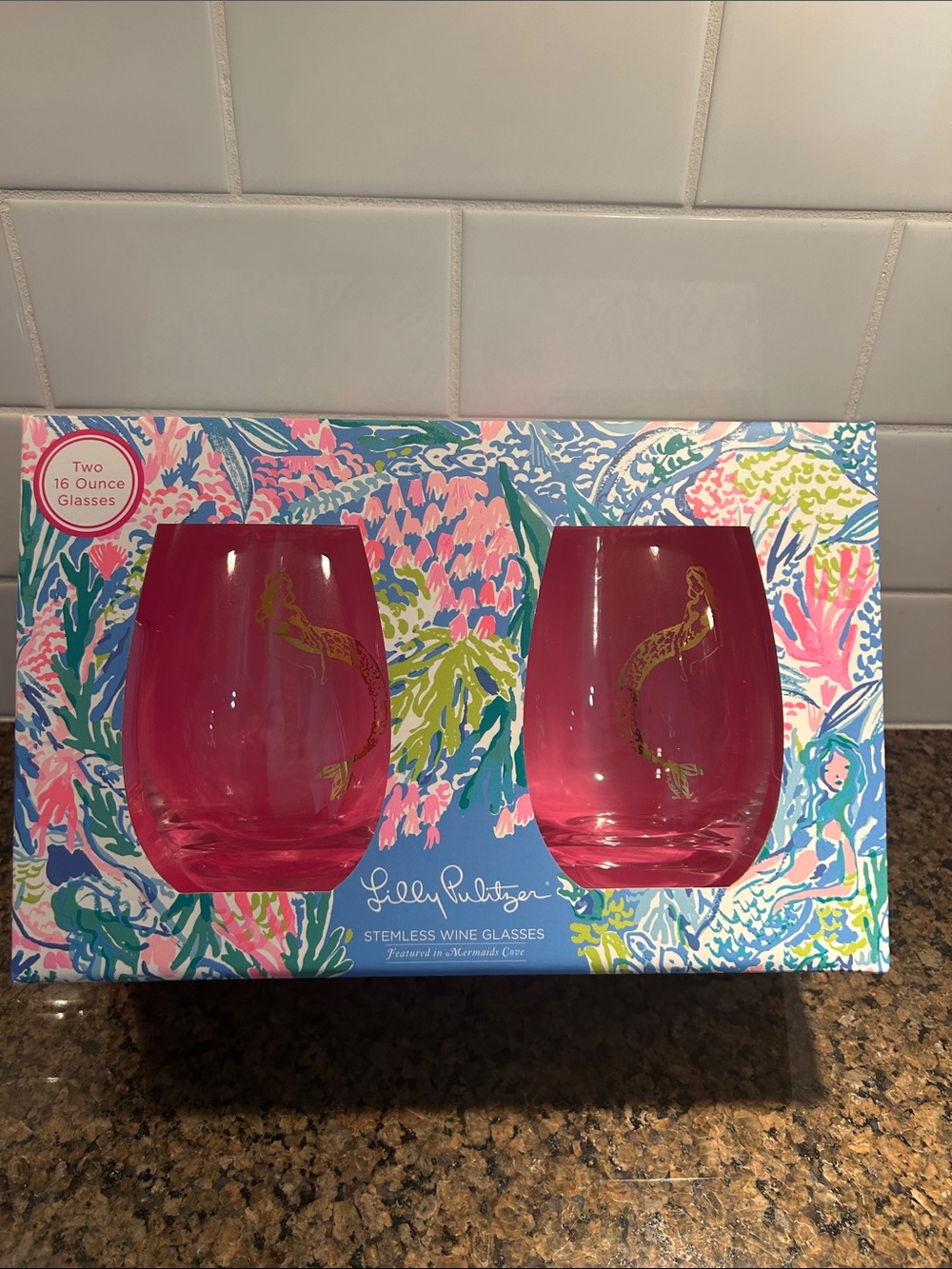 Lilly Pulitzer Hot Pink Stemless Wine Glasses with Gold Mermaid Motif - Set of 2